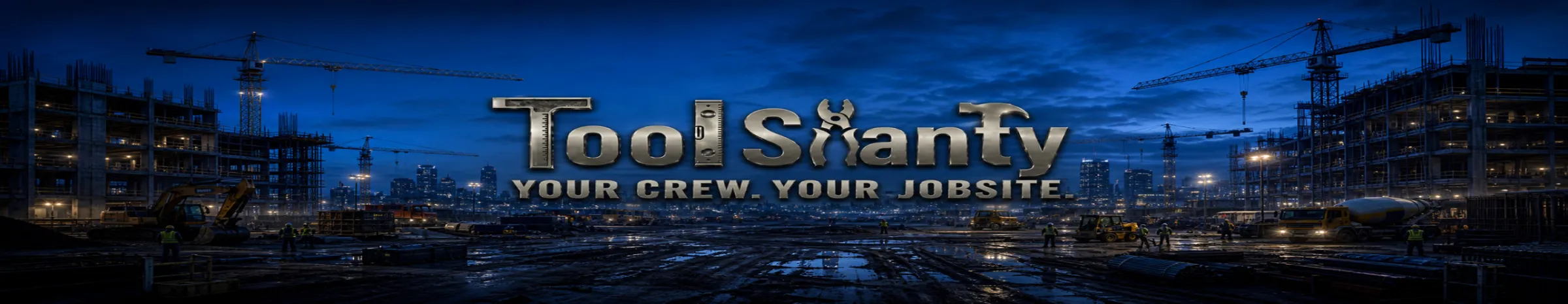Tool Shanty wordmark over a construction site skyline at dusk